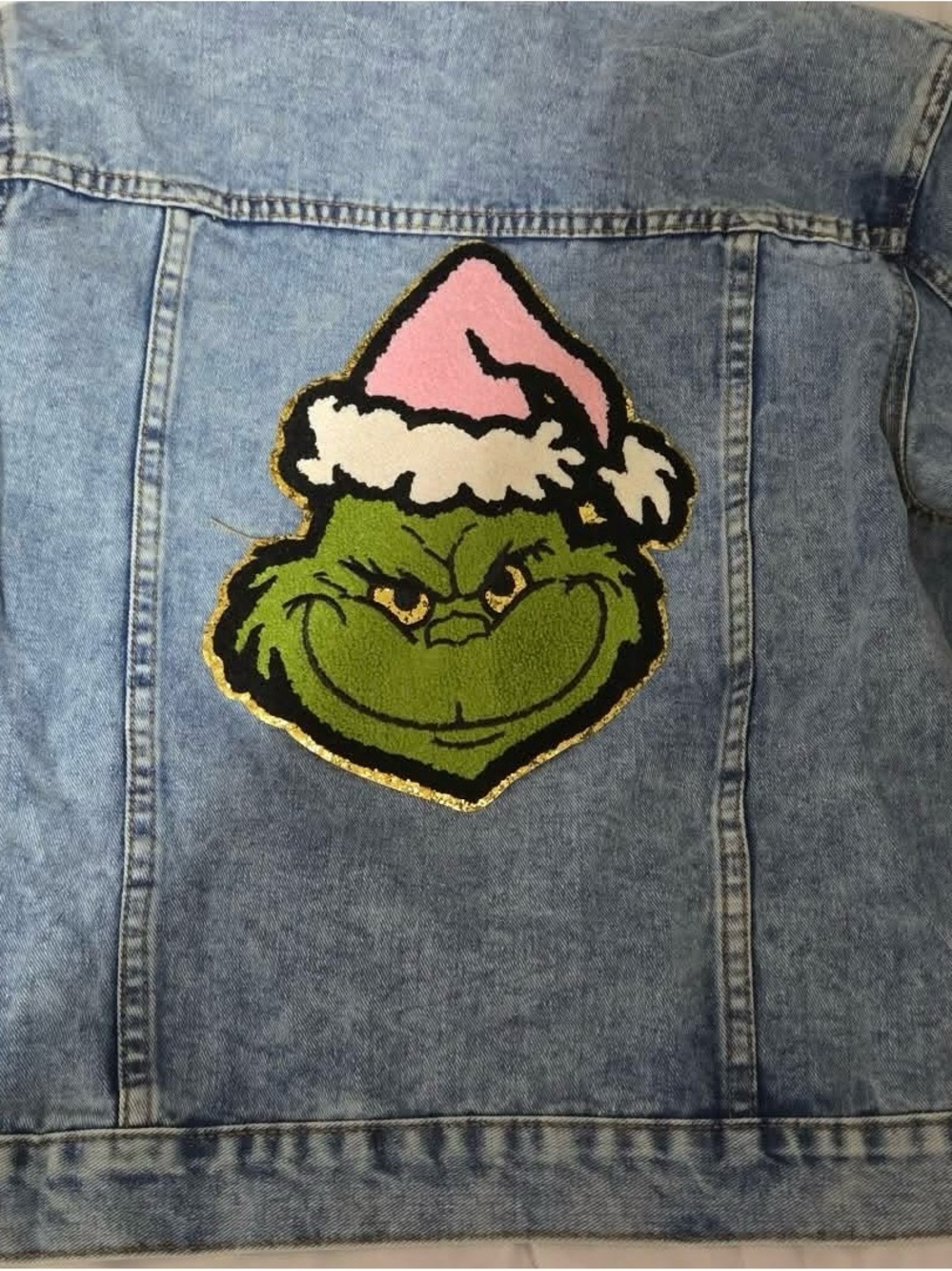 Denim Jacket Back Patch — Green Grinch Face with Pink Hat